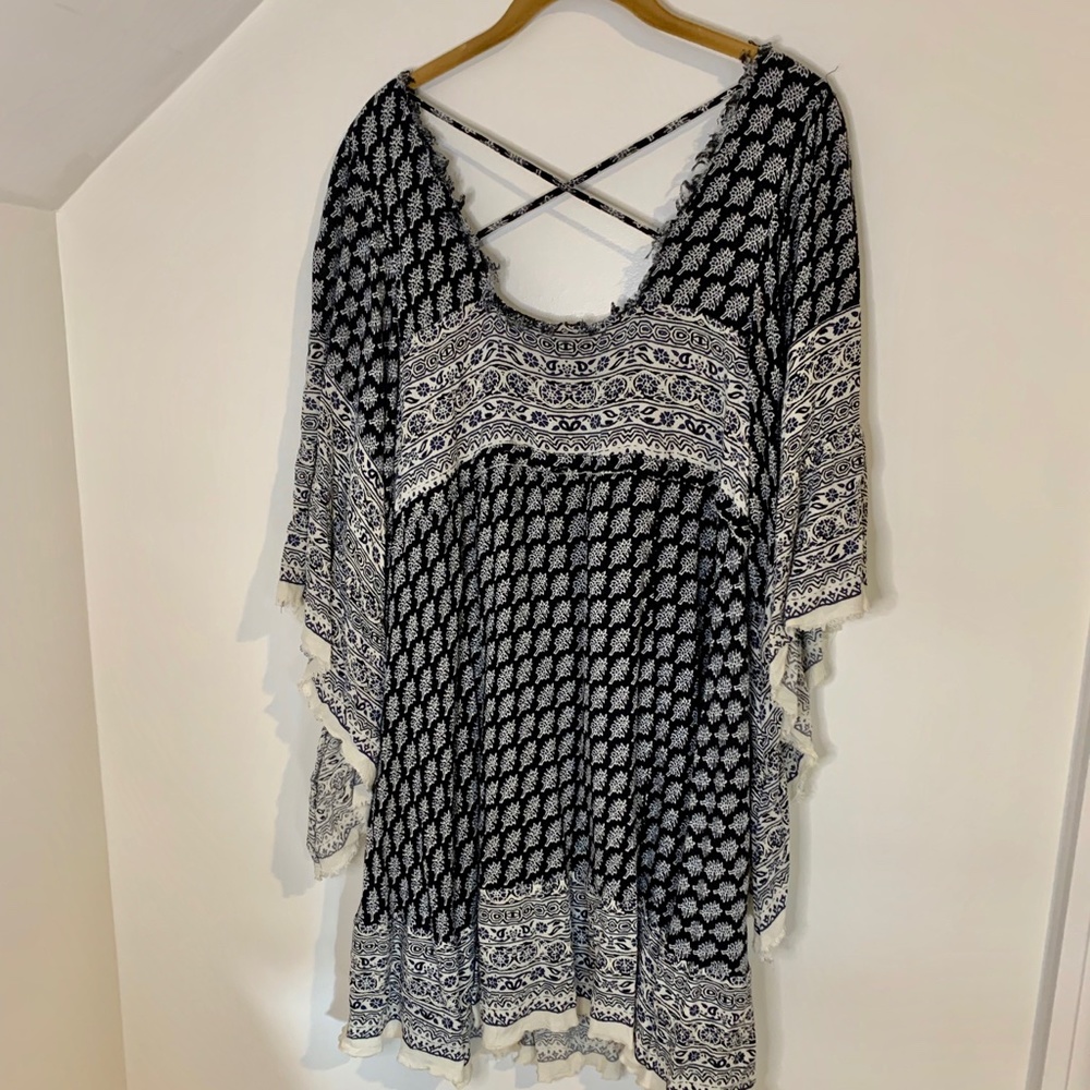 Free People “Heart of Gold” Navy and White Boho Print Mini Dress - Picture 9 of 10